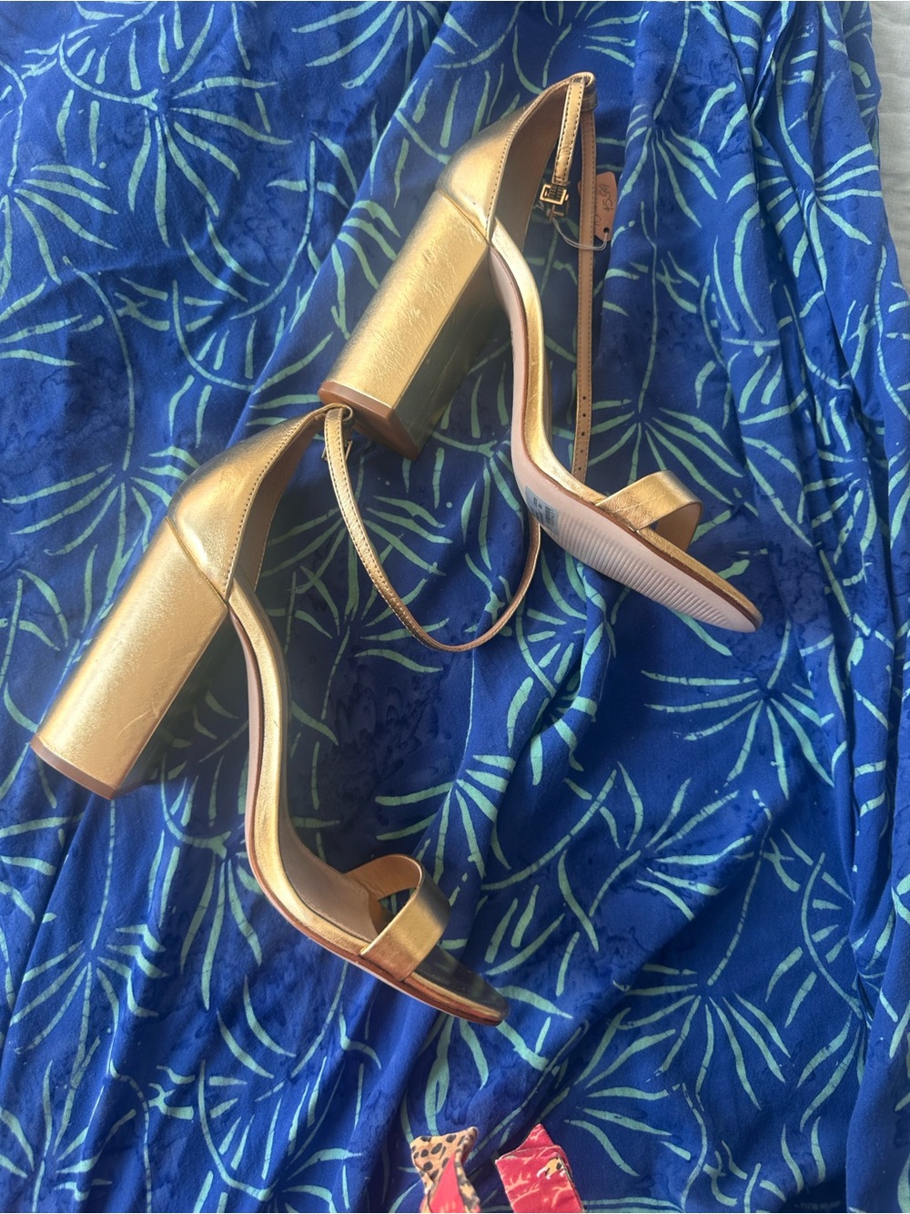 SCHUTZ Metallic Gold Block Heel Ankle Strap Sandals